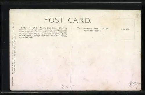 AK Passagierschiff R.M.S. Titanic der White Star Line in voller Fahrt auf hoher See