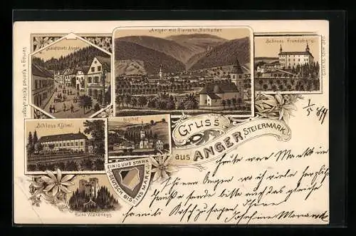 Lithographie Anger /Steiermark, Schlösser Frondsberg und Külml, Koglhof, Ruine Waxenegg, Hauptplatz Anger