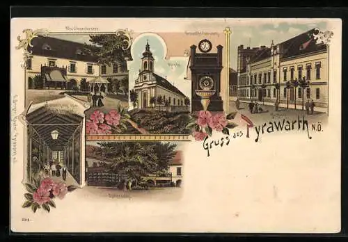 Lithographie Pyrawarth /N. Ö., Musikorchester, Gesundheitsbrunnen, Kirche, Speisesalon, Kurhaus