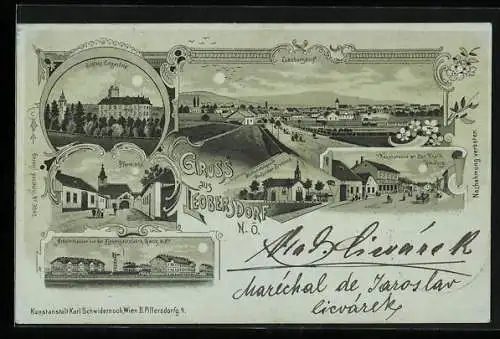 Mondschein-Lithographie Leobersdorf /N. Ö., Schloss Enzesfeld, Arbeiterhäuser von der Elektrizitätsfabrik Ganz & Co.