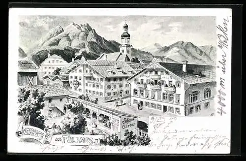 Lithographie Fulpmes, Ortsansicht mit Gasthaus zum Lutz und Kirche