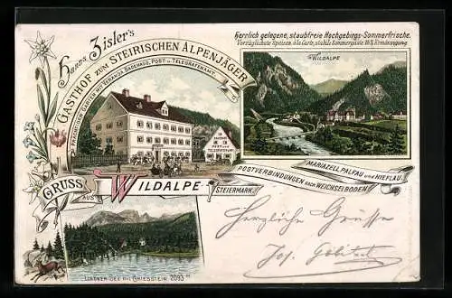 Lithographie Wildalpe /Steiermark, Hanns Zisler`s Gasthof zum Steirischen Alpenjäger, Lindner See mit Griesstein