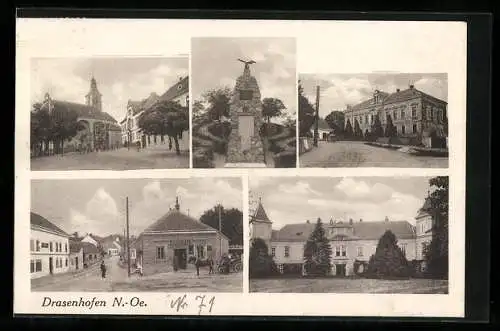 AK Drasenhofen /N.-Oe., Platzpartie mit Kirche, Warenhaus, Kriegerdenkmal, Ortspartien