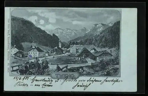 Mondschein-Lithographie Tweng, Pferdekutsche fährt in die Ortschaft hinein