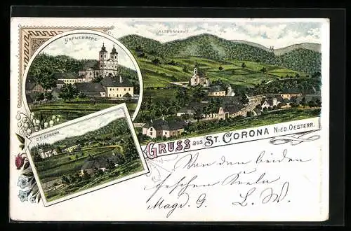 Lithographie St. Corona /Nied. Oesterr., Ortsansicht, Ansichten von Hafnerberg und Altenmarkt