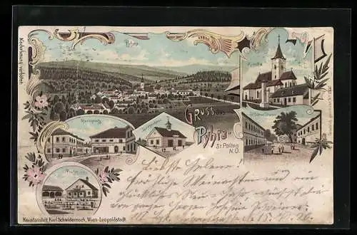 Lithographie Pyhra-St. Pölten /N.Ö., Marktplatz, Prater, Spritzenhaus, Kirche, St. Pöltner-Strasse, Gesamtansicht