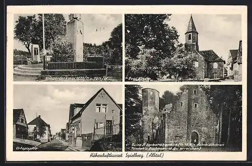 AK Spielberg /Albtal, Kriegerdenkmäler, Evgl. Kirche, Ruine St. Barbarakapelle