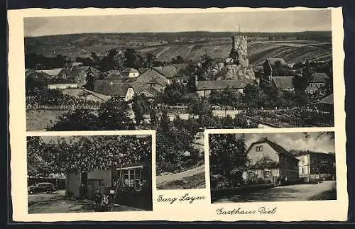 AK Rümmelsheim, Ortsansicht mit Burg Layen, Gasthaus Diel