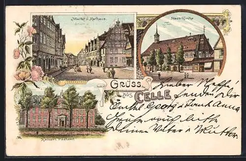 Lithographie Celle, Kaiserliches Postamt, Markt und Rathaus, Stadtkirche