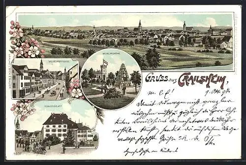 Lithographie Crailsheim, Ortsansicht mit Wilhelmshöhe und Schlossplatz