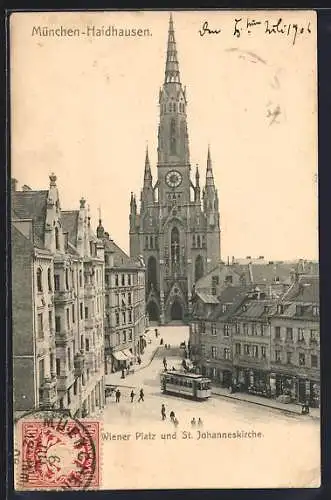 AK München-Haidhausen, Wiener-Platz und St. Johanneskirche, Strassenbahn