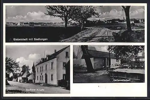 AK Giebelstadt, Ansicht mit Siedlungen, Gasthaus H. Lutz und Gartenwirtschaft