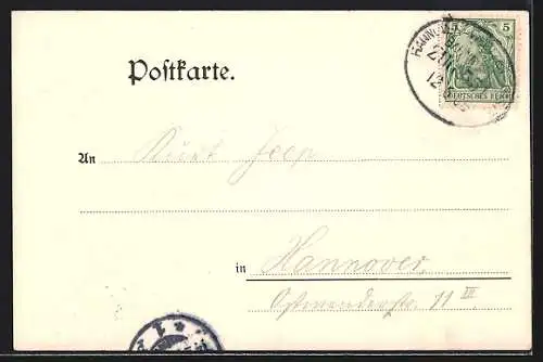 Lithographie Wennigsen, Gasthaus Finkenburg, Eingang, Garten
