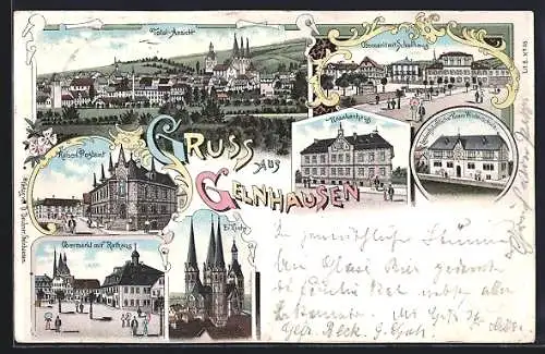 Lithographie Gelnhausen, Krankenhaus, Landwirtschaftliche Kreis-Winterschule, Obermarkt mit Rathaus