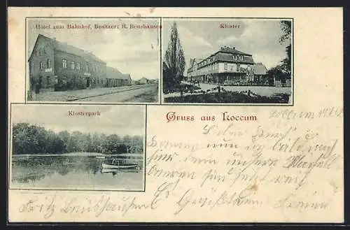 AK Loccum, Hotel zum Bahnhof von H. Beushausen, Kloster und Klosterpark