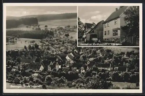 AK Beihingen /Nagold, Gesamtansicht und Gemischtwarengeschäft von Wilh. Braun