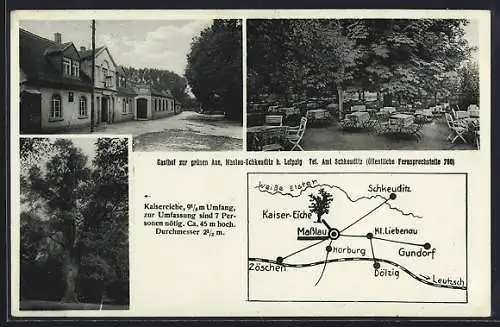 AK Maslau-Schkeuditz b. Leipzig, Gasthof zur grünen Aue, Kaisereiche und Karte der Umgebung