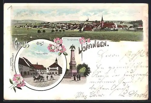 Lithographie Löffingen, Rathausplatz, Kriegerdenkmal, Ortspanorama