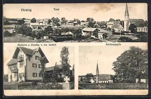 AK Föching, Totalansicht, Kirche, Bäckerei & Handlung Anderl