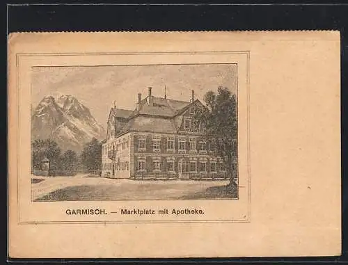 Lithographie Garmisch, Marktplatz mit Apotheke