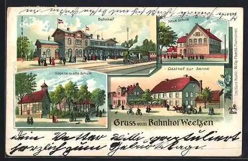 Lithographie Weetzen, Gasthof zur Sonne, Bahnhof Neue Schule und Kapelle