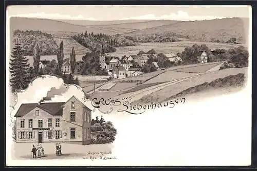 Lithographie Lieberhausen, Gasthaus von Rob. Dissmann, Ortspanorama