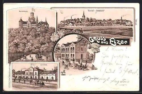 Lithographie Elze, Bahnhof, Marienburg und Totalansicht