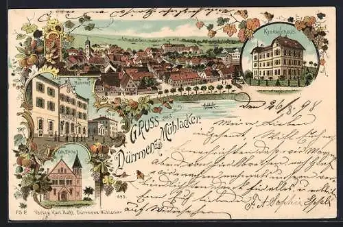 Lithographie Dürrmenz-Mühlacker, Bahnhof, Krankenhaus, Post und Kath. Kirche