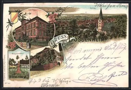 Lithographie Dossenheim, Gasthaus und Brauerei zum bad. Hof, Schulhaus, Kriegerdenkmal und Totalansicht