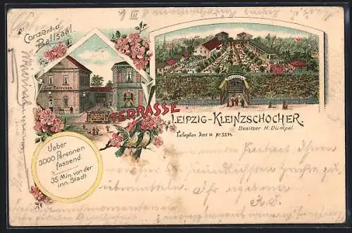 Lithographie Leipzig-Kleinzschocher, Gasthaus Zur Terrasse mit Konzert-und Ballsaal