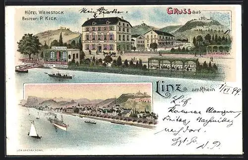 Lithographie Linz am Rhein, Hotel Weinstock, Bes. P. Kick, Flusspartie