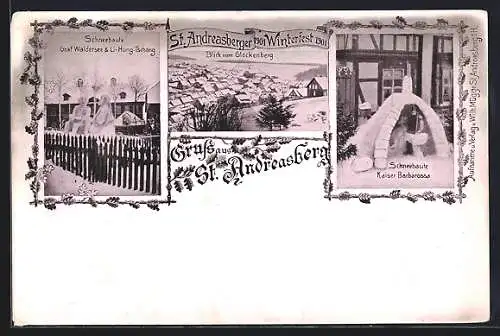 AK St. Andreasberg, Winterfest 1901, Schneebaute Kaiser Barbarossa, Blick vom Glockenberg