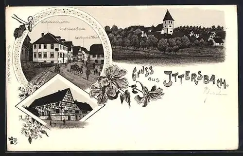 Lithographie Ittersbach, Gasthaus zum Lamm, Gasthaus zur Krone, Gasthaus z. Rössle, Gasthof zum Löwen