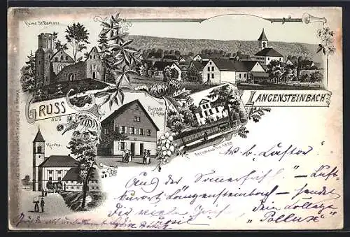 Lithographie Langensteinbach, Totalansicht, Ruine St. Barbara, Kirche, Forsthaus