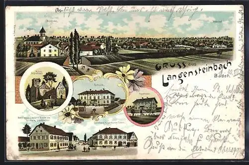 Lithographie Langensteinbach /Baden, Gasthäuser zum grünen Baum und zur goldenen Sonne, Apotheke, Ortsansicht