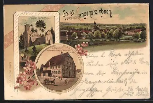 Lithographie Langensteinbach, Gasthaus zum goldenen Ochsen, Bes. Valentin Egner, Ruine St. Barbara