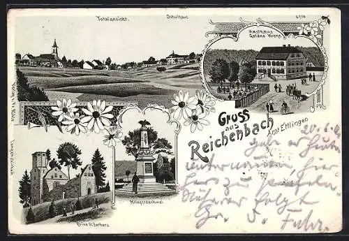 Lithographie Reichenbach, Gasthaus Goldne Krone, Ruine St. Barbara, Kriegerdenkmal