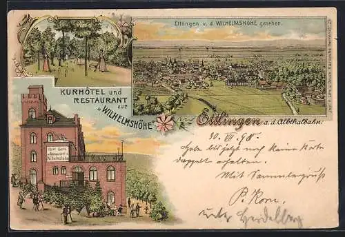 Lithographie Ettlingen a. d. Albthalbahn, Kurhotel und Restaurant Wilhelmshöhe, Totalansicht