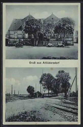 AK Altlüdersdorf, Gasthaus von Hermann Frentz und Bahnübergang