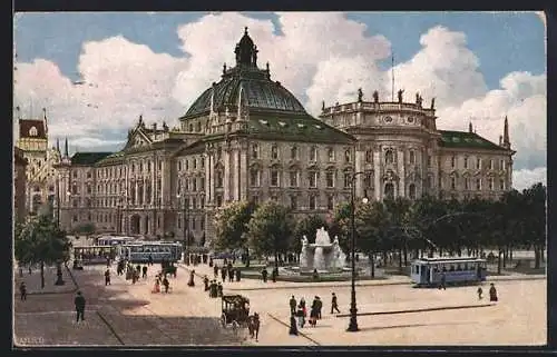 AK München, Strassenbahnen am Justizpalast