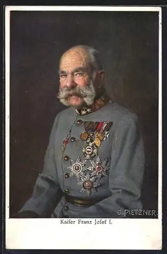 Künstler-AK Kaiser Franz Josef I. in ordensbehangener Uniform