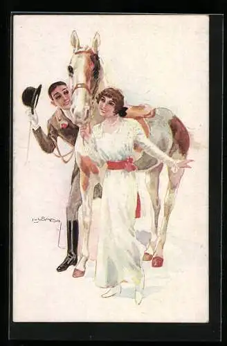Künstler-AK Luis Usabal: Flirtation, eine Dame mit geflecktem Pferd und Reiter