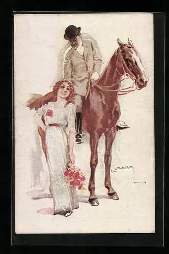 Künstler-AK Luis Usabal: Reiter zu Pferd, junge Dame mit Blumenstrauss