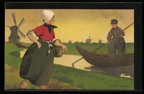 Künstler-AK Niederländische Trachten, Junge u. Mädchen in Trachtenkleidung