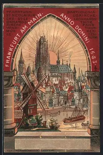 Lithographie Alt-Frankfurt, Blick auf Pfarrturm, St. Nicolaikirche, Windmühle