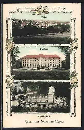 AK Donaueschingen, Schloss, Donauquelle und Totalansicht