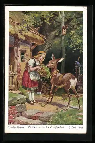 Künstler-AK sign. G. Hinke: Märchen Brüderchen und Schwesterchen, Schwesterchen reicht dem Reh Heu