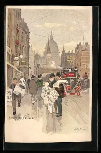 Künstler-AK Henri Cassiers: London, Ludgate Hill: Paper boy