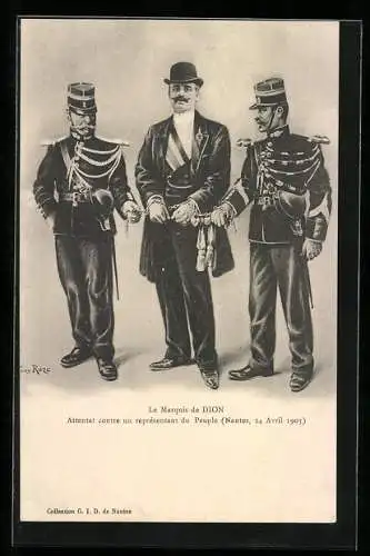 Künstler-AK Nantes, Albert De Dion verhaftet nach Attentat, als Dreifus-Unterstützer Präsident Loubet