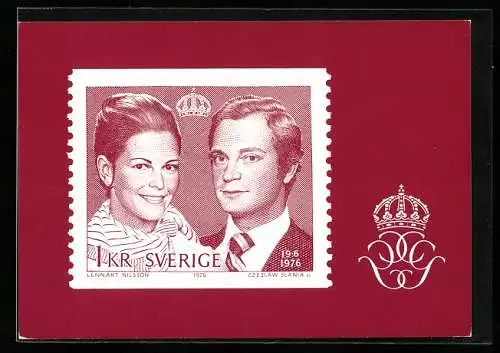 AK König Carl XVI. und Königin Silvia von Schweden, Portrait auf Briefmarke anlässlich der Hochzeit 1976